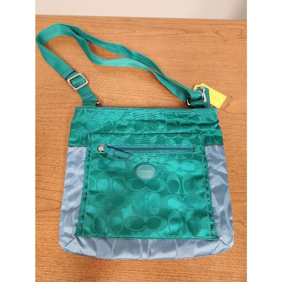 Coach F77576 Getawat Nylon Satchel Crossbody Color Teal Green Blue Signature Pur - Picture 1 of 8
